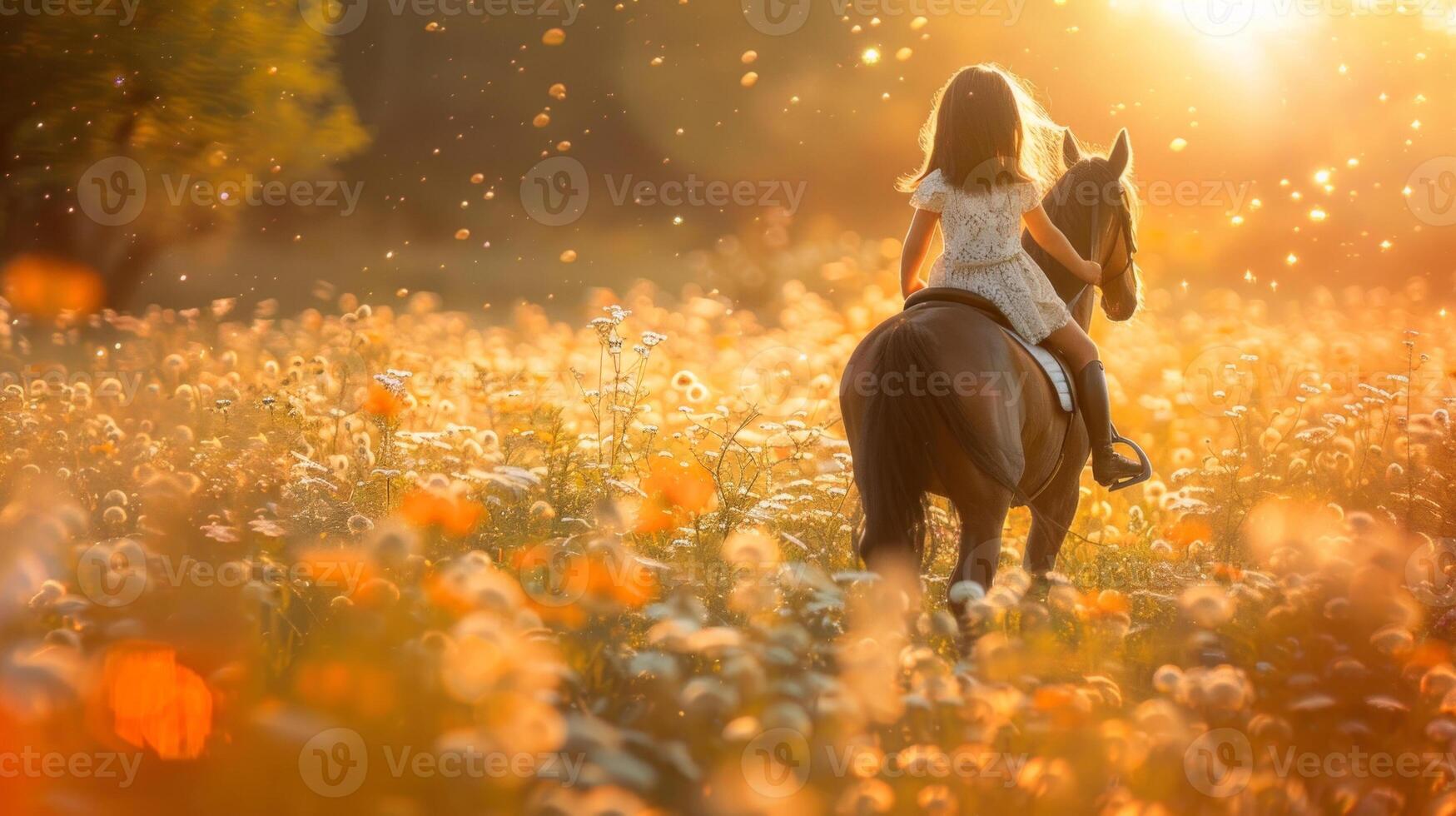 Caucasian young woman riding a horse in a sunlit floral field at sunset. Concept of freedom, equestrian sports, serene nature, kid and pony photo