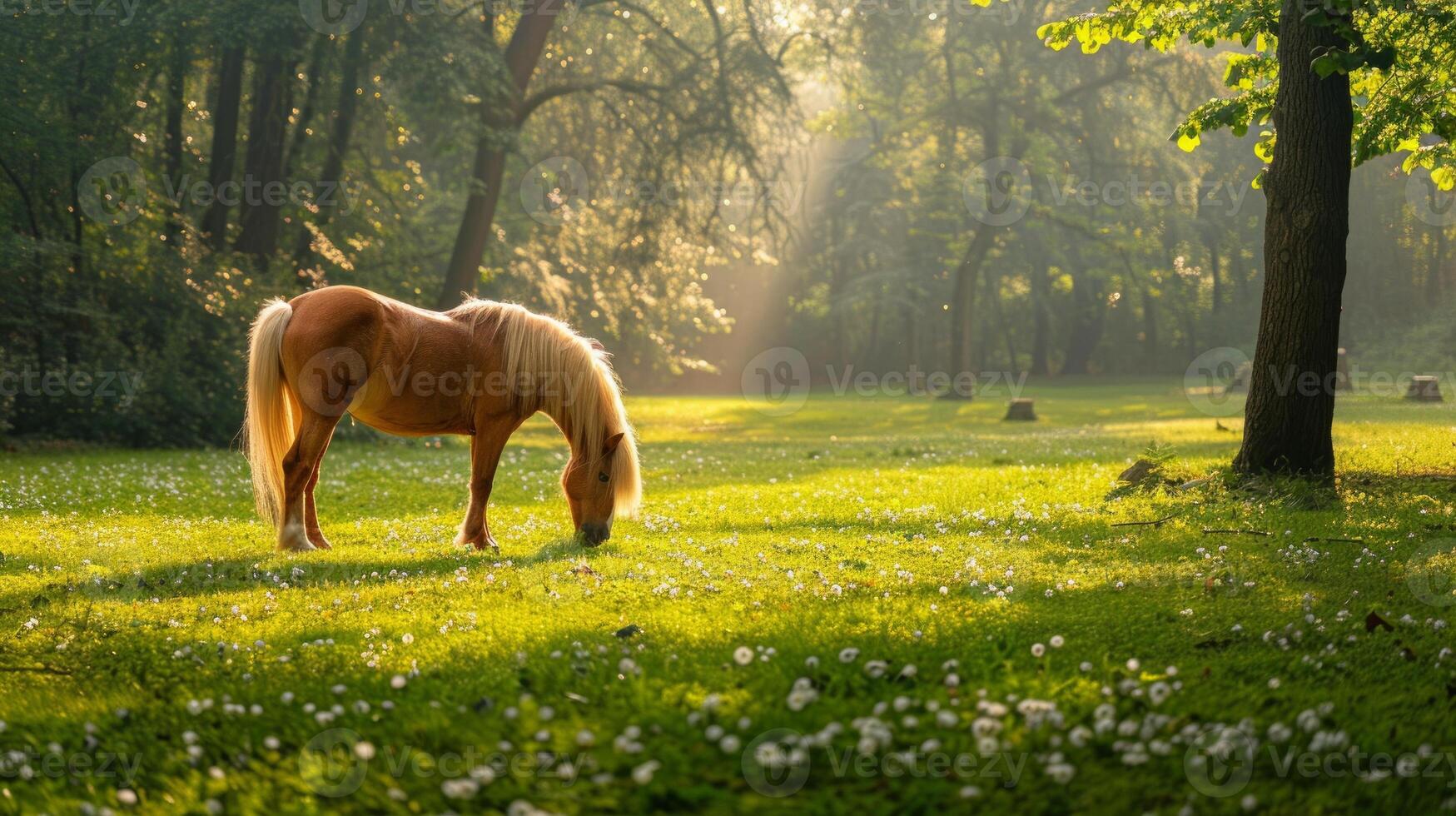Brown horse grazing in a sunlit meadow surrounded by trees. Concept of nature, tranquility, wildlife, rural scene photo