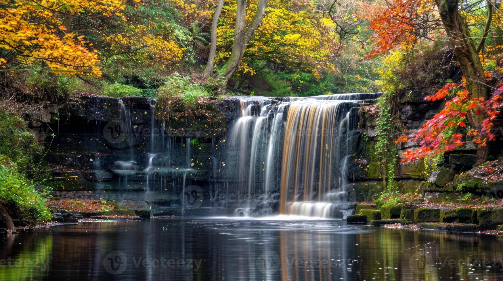 Serene autumn waterfall surrounded by vibrant foliage and fallen leaves. Concept of nature, tranquility, autumn, scenery photo
