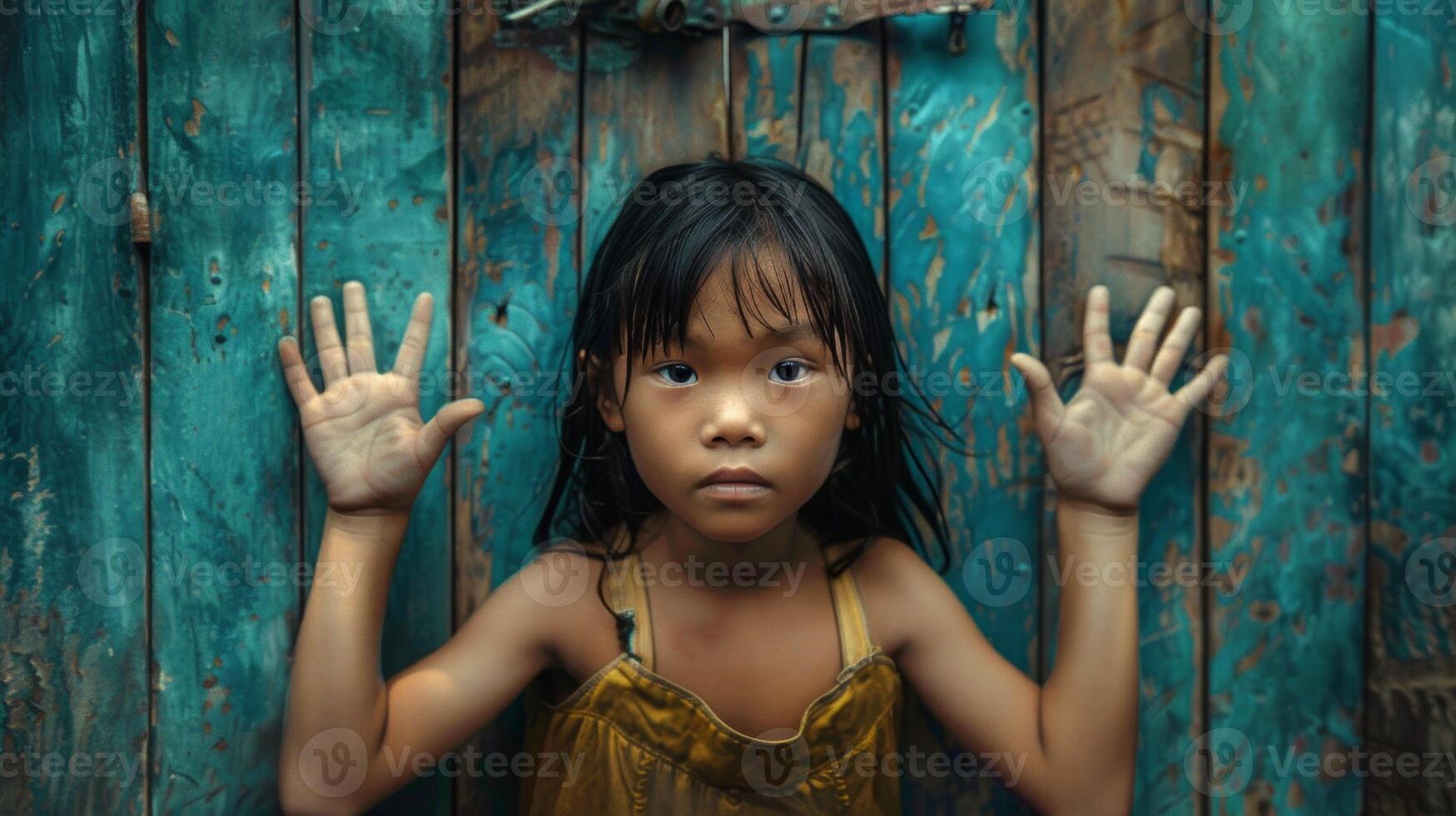 Asian girl in golden dress against old blue doors, expressing curiosity and innocence photo
