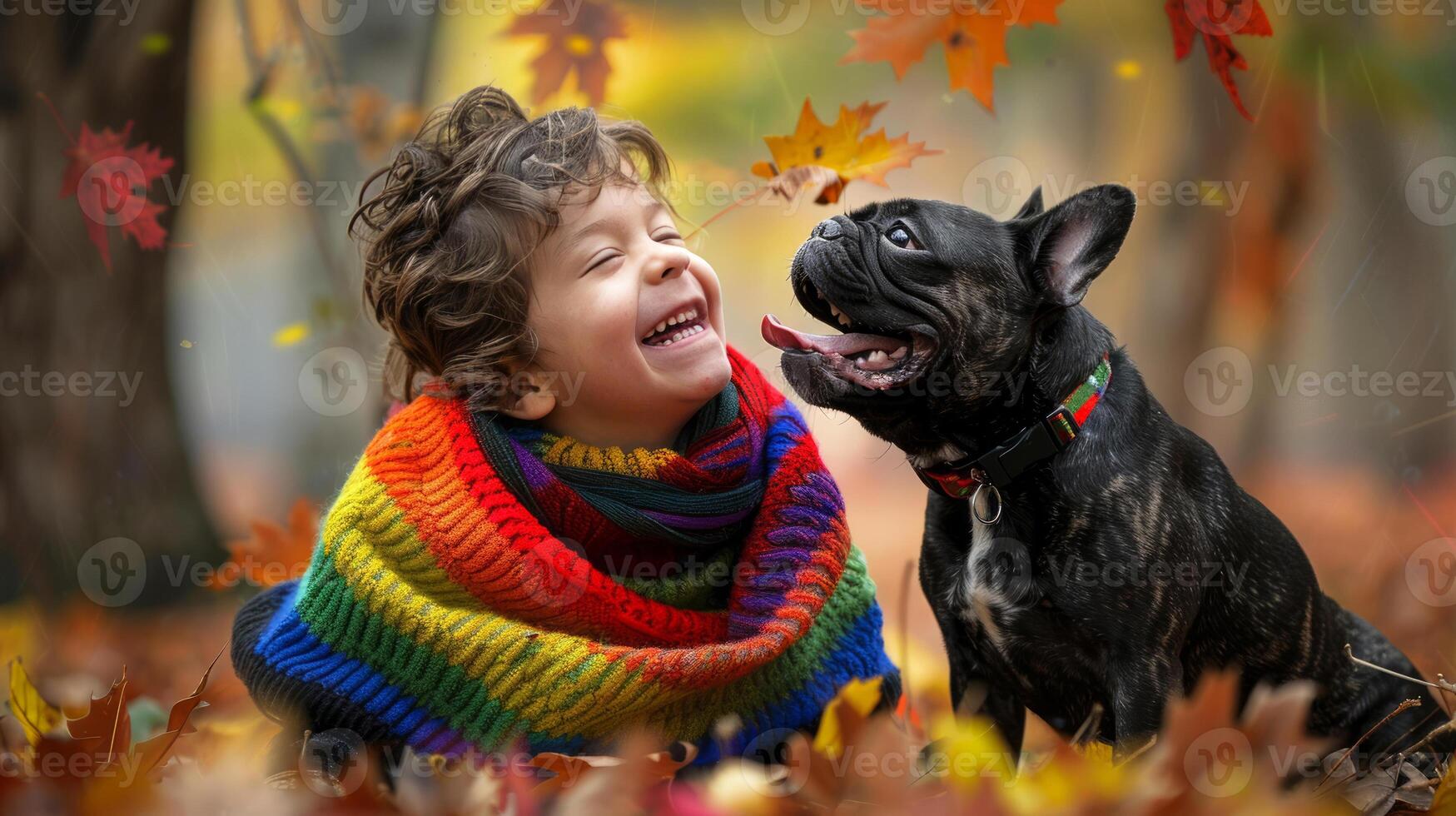 Smiling African American girl with knitted hat and scarf holding French Bulldog dog in autumn park. Concept of friendship, autumn, children and pets, happiness photo