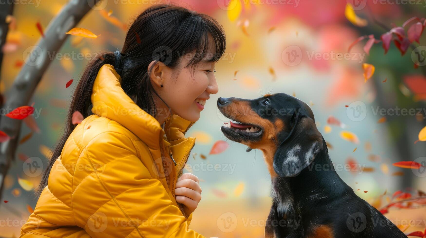 Asian woman in a yellow jacket smiling with her dog amidst falling autumn leaves. Concept of happiness, autumn, pet companionship, outdoor activity photo