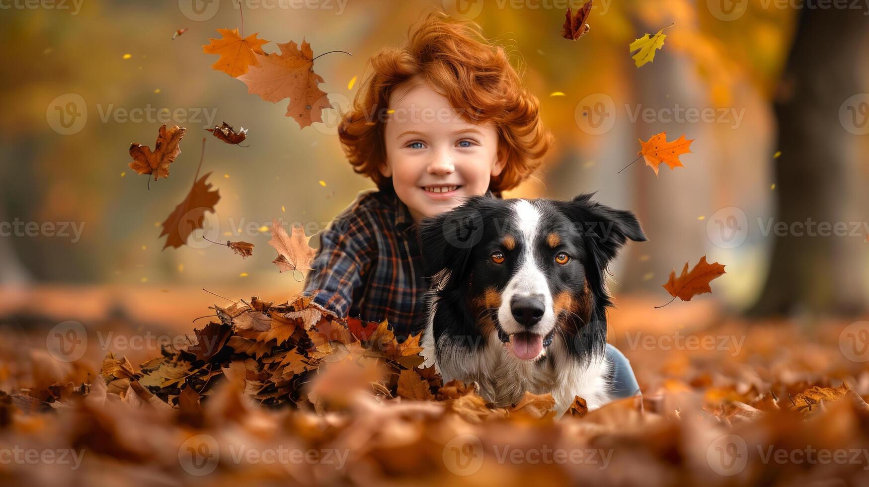 Red-haired boy playing with a black and white dog in autumn leaves outdoors. Concept of joyful childhood, fall season, outdoor activities, friendship with pets photo