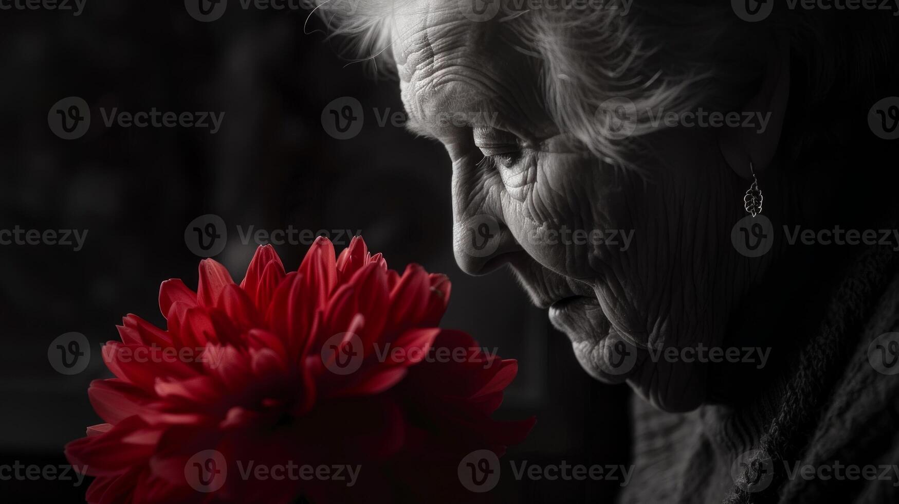 Elderly woman holding red flower in a dimly lit room. Concept of aging, contemplation, solitude, memory photo