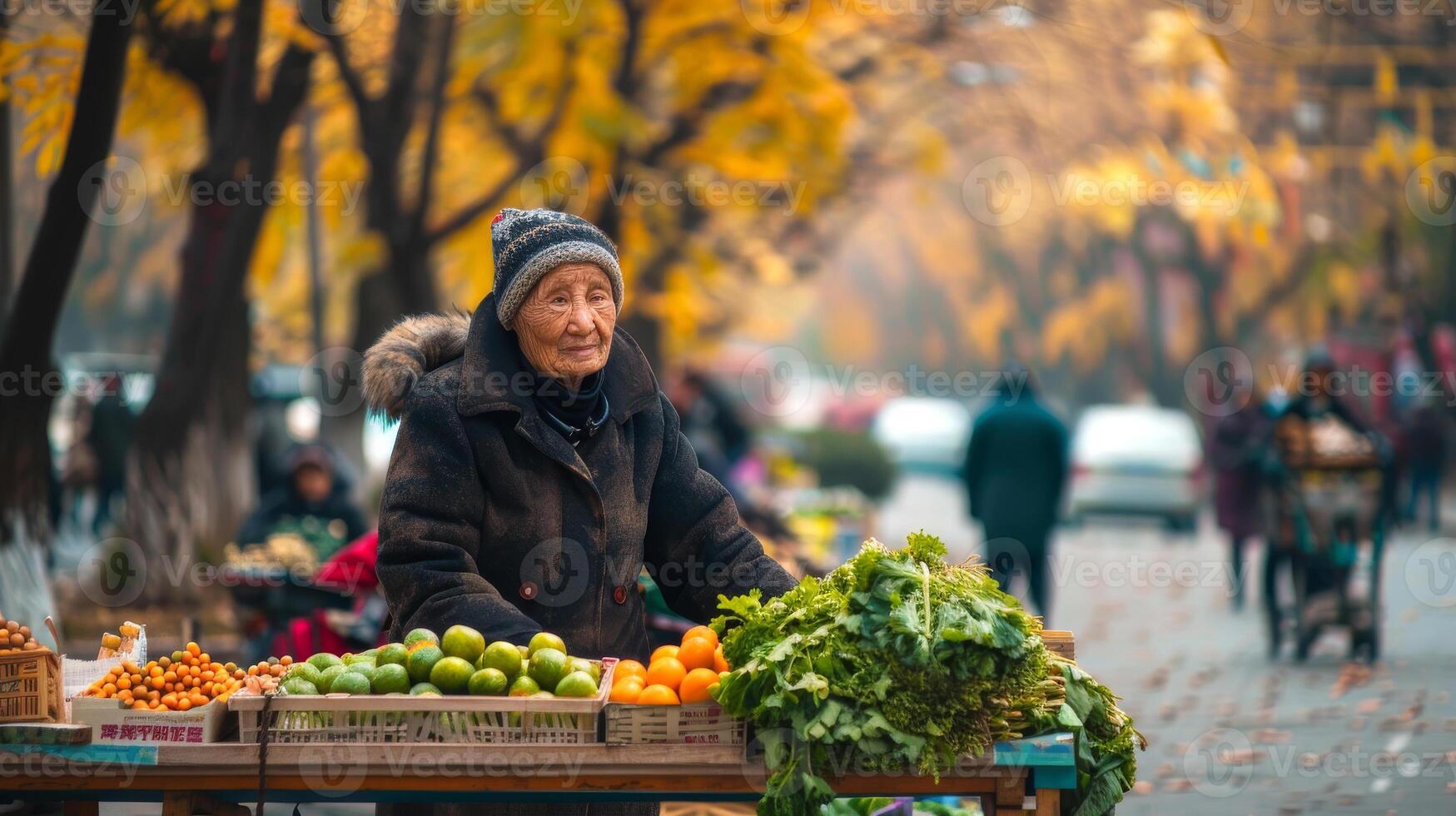 Elderly Caucasian woman selling vegetables in an outdoor market. Concept of street vendor, fresh produce, urban setting, senior citizen photo