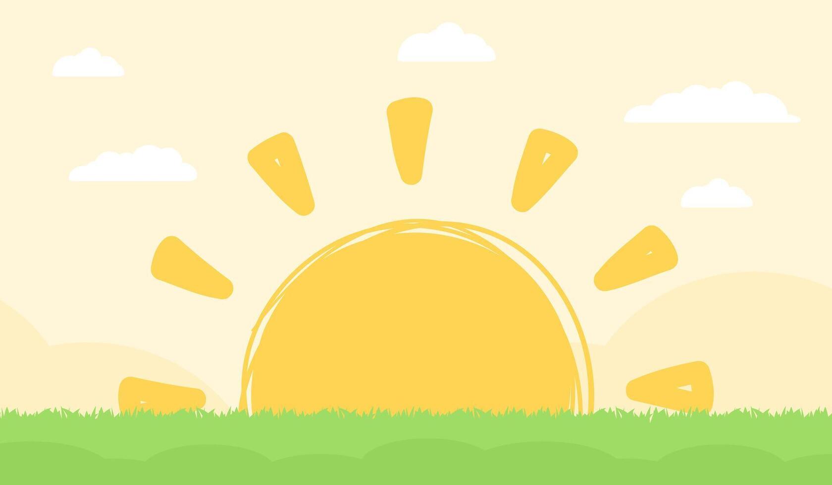 Landscape with grass and rising sun vector