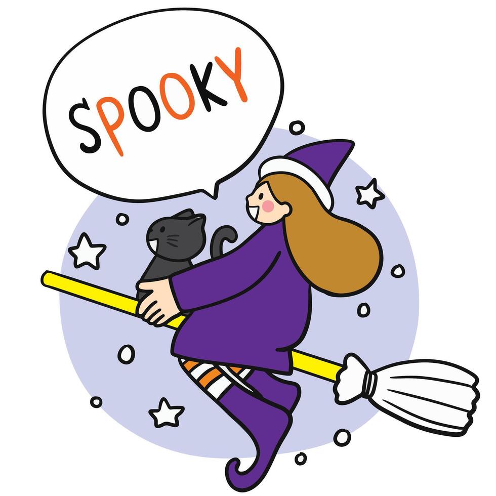 Cute cartoon Halloween with little witch and black cat friend, fun . vector