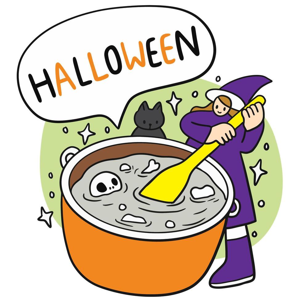 Cute cartoon Halloween with little witch and black cat friend, fun . vector