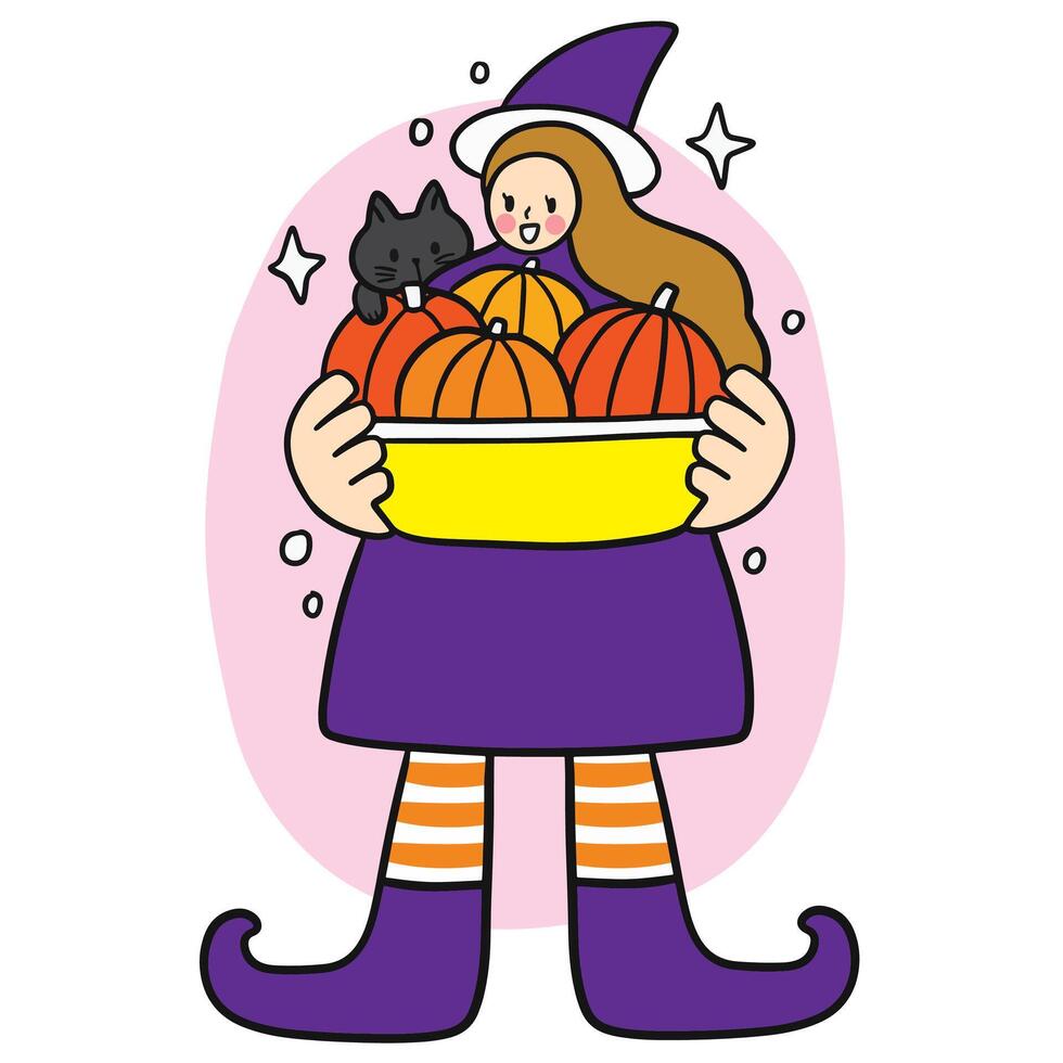 Cute cartoon Halloween with little witch and black cat friend, fun . vector