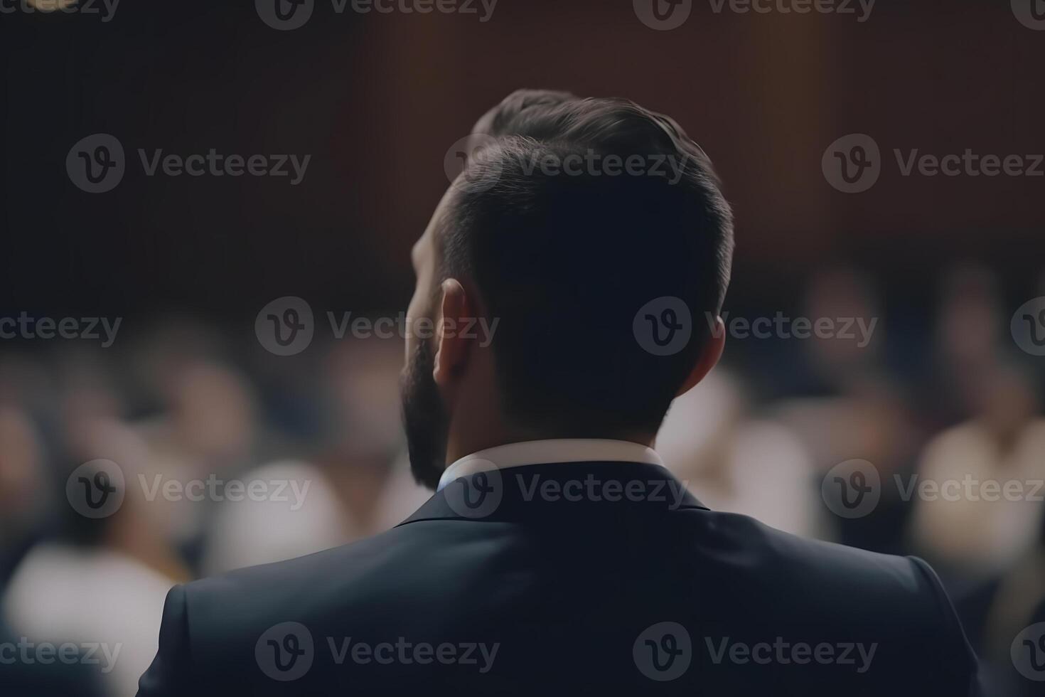 Speaker Giving a Talk at Business Meeting. Audience in the conference hall. Neural network photo