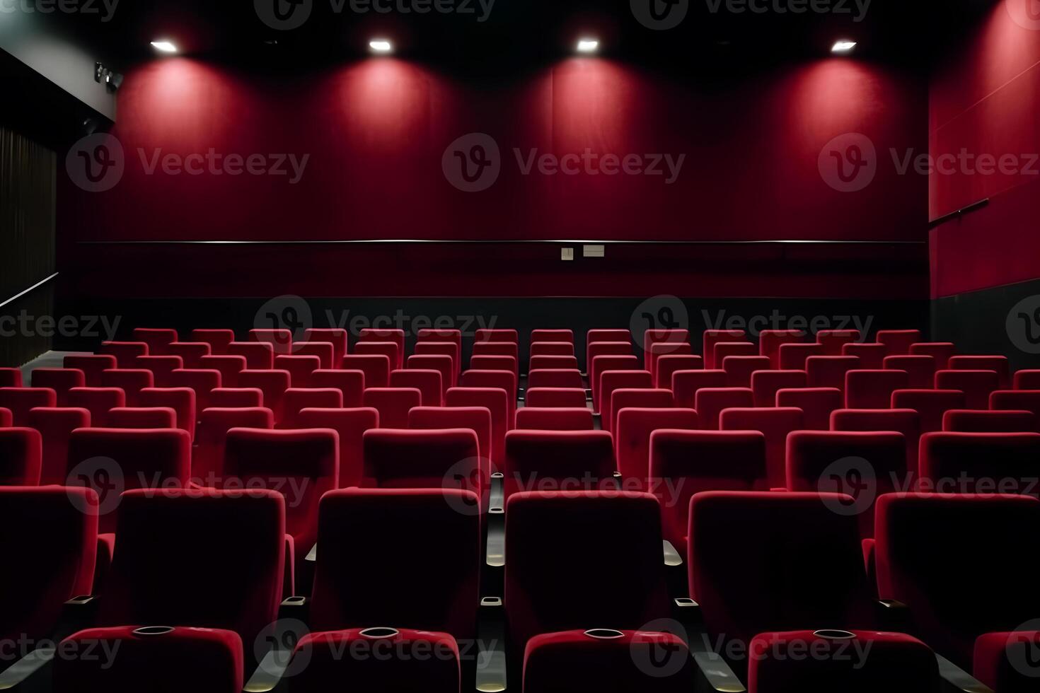 Empty cinema hall with red seats. Movie theatre. Neural network photo
