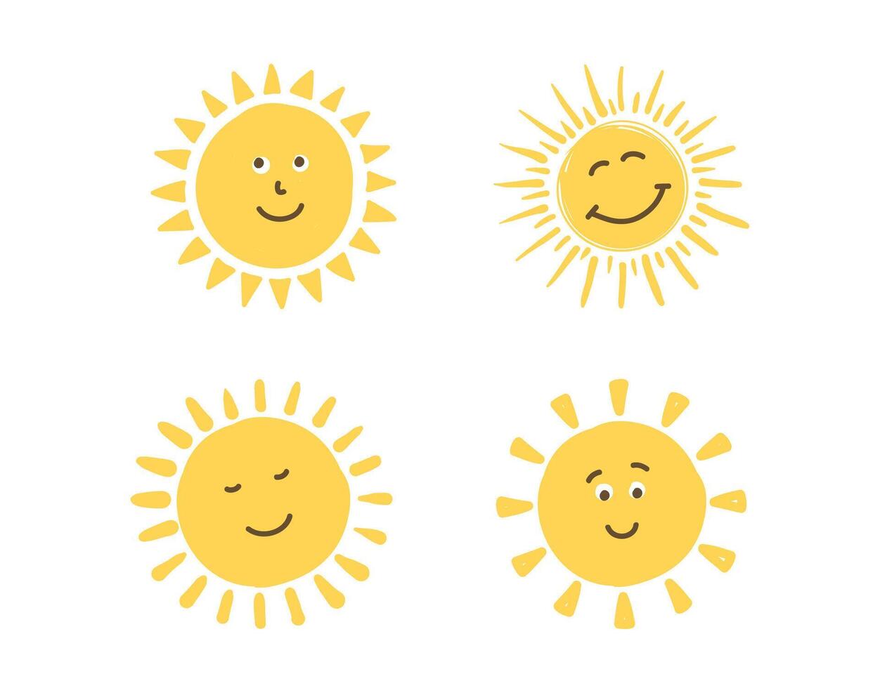 Cute hand drawn smiling suns on white background vector
