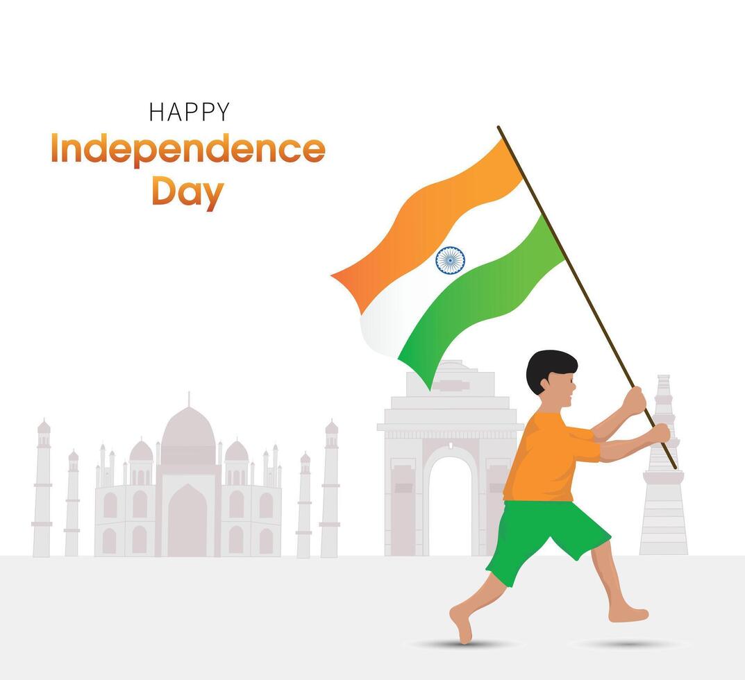 Happy Independence Day and boy running with flag vector