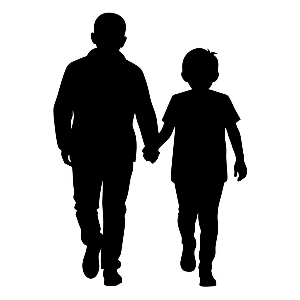 young adult sibling walking with hands held, viewed from the back in black silhouette vector