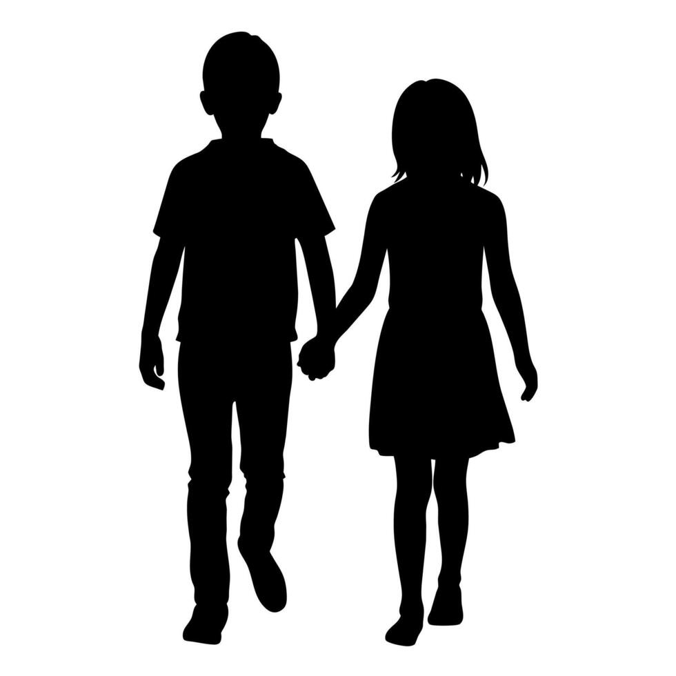 young adult sibling walking with hands held, viewed from the back in black silhouette vector