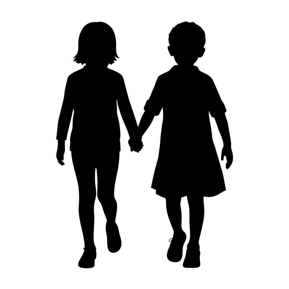 young adult sibling walking with hands held, viewed from the back in black silhouette vector