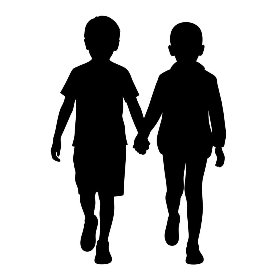 young adult sibling walking with hands held, viewed from the back in black silhouette vector