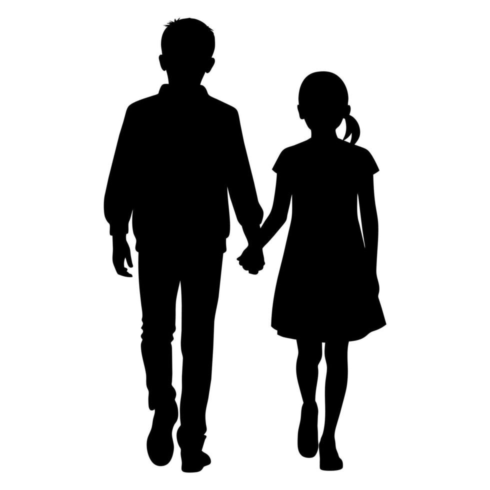 young adult sibling walking with hands held, viewed from the back in black silhouette vector