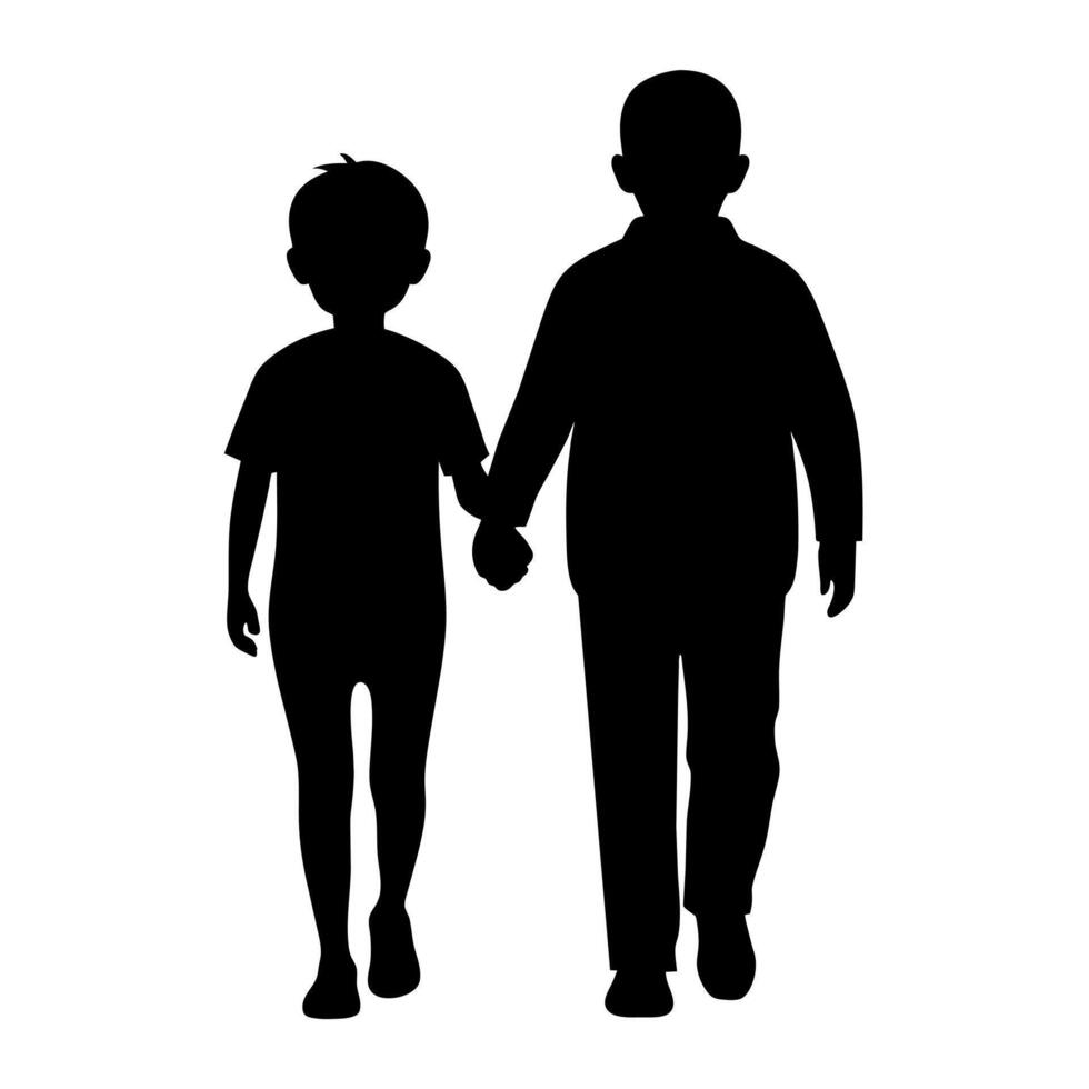 young adult sibling walking with hands held, viewed from the back in black silhouette vector
