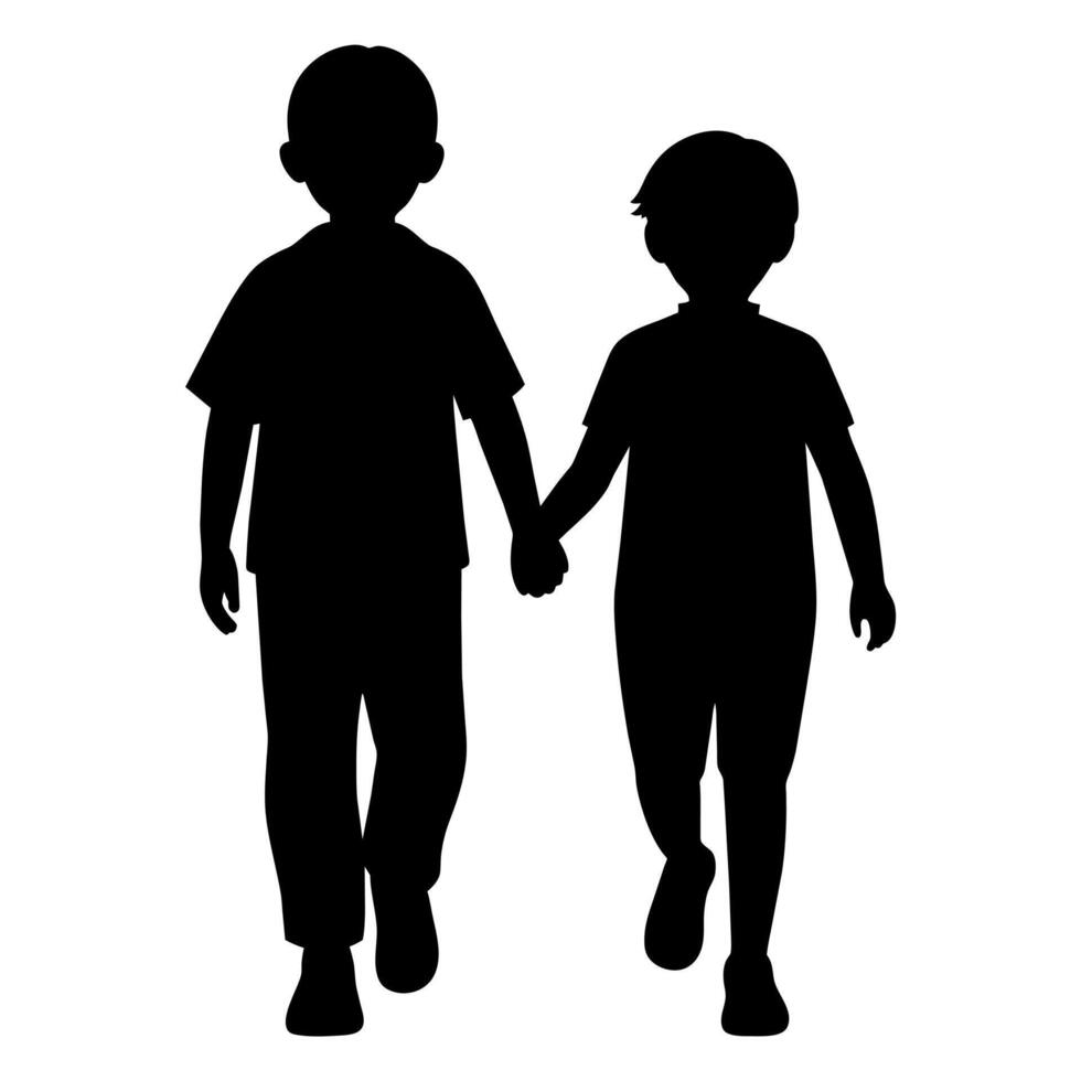 young adult sibling walking with hands held, viewed from the back in black silhouette vector