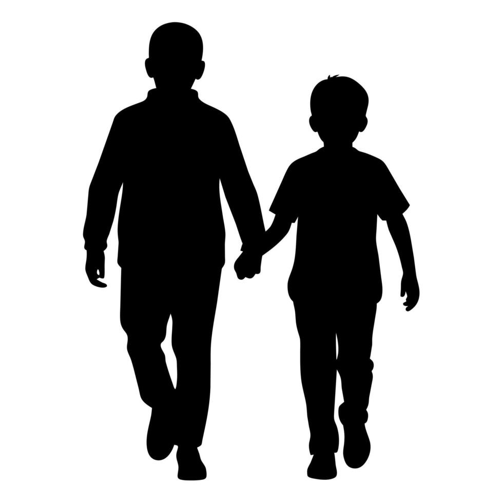 young adult sibling walking with hands held, viewed from the back in black silhouette vector