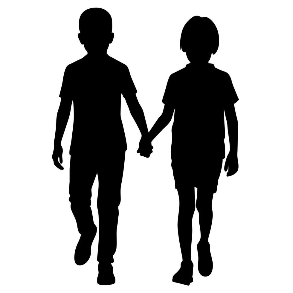 young adult sibling walking with hands held, viewed from the back in black silhouette vector