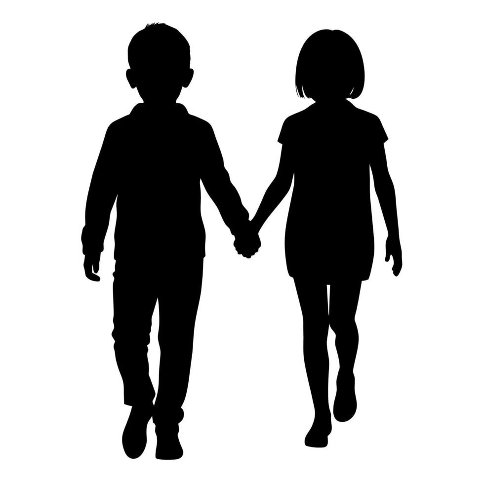 young adult sibling walking with hands held, viewed from the back in black silhouette vector