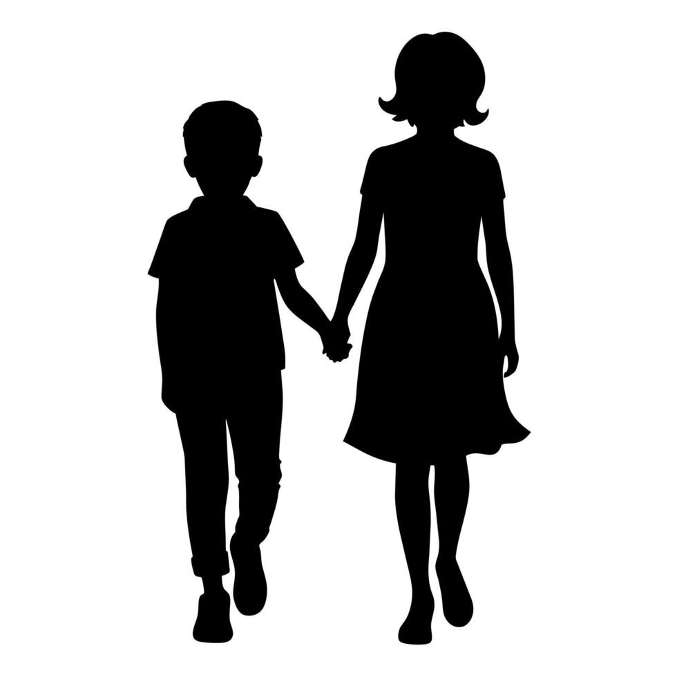 young adult sibling walking with hands held, viewed from the back in black silhouette vector