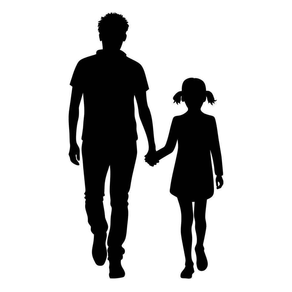 young adult sibling walking with hands held, viewed from the back in black silhouette vector