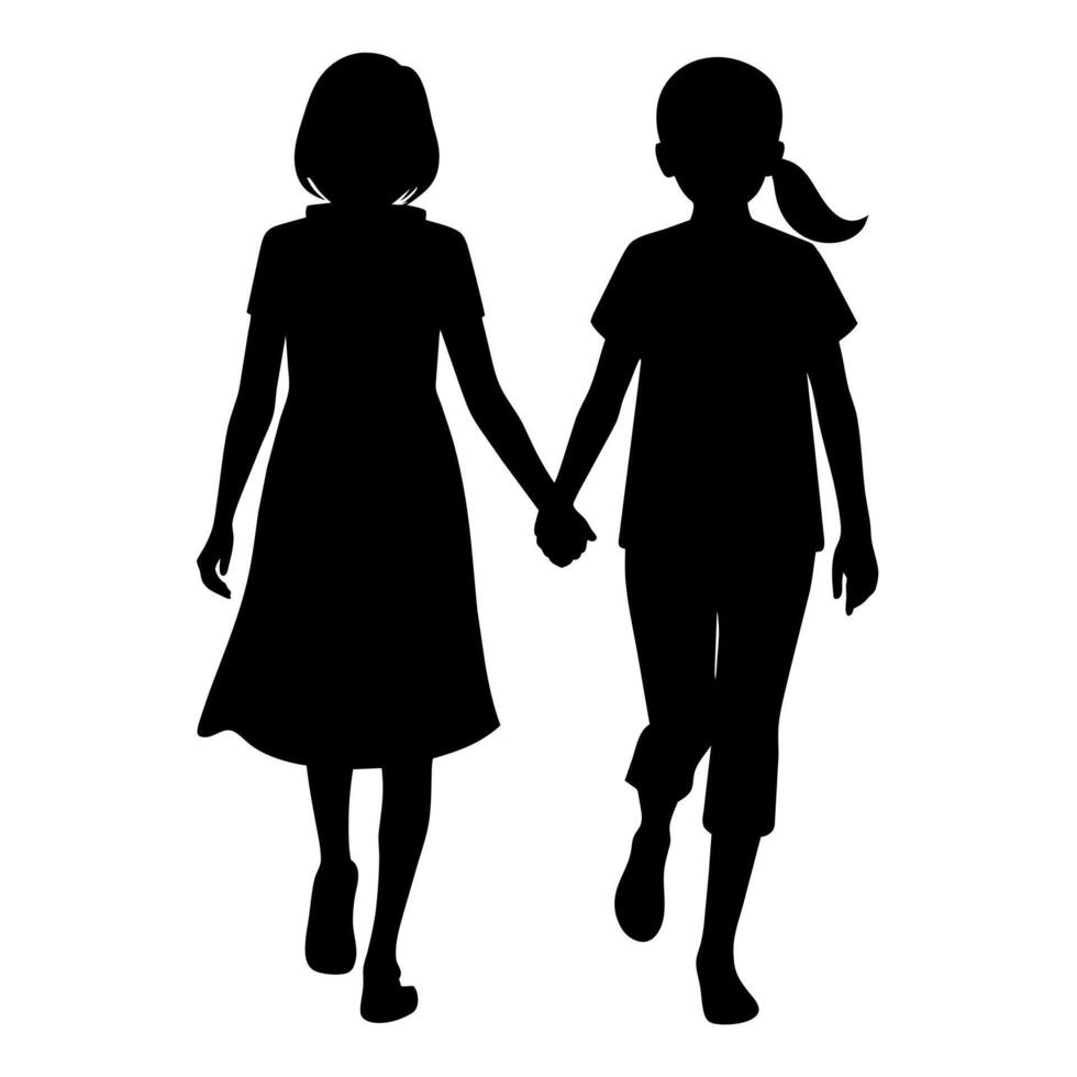 young adult sibling walking with hands held, viewed from the back in black silhouette vector