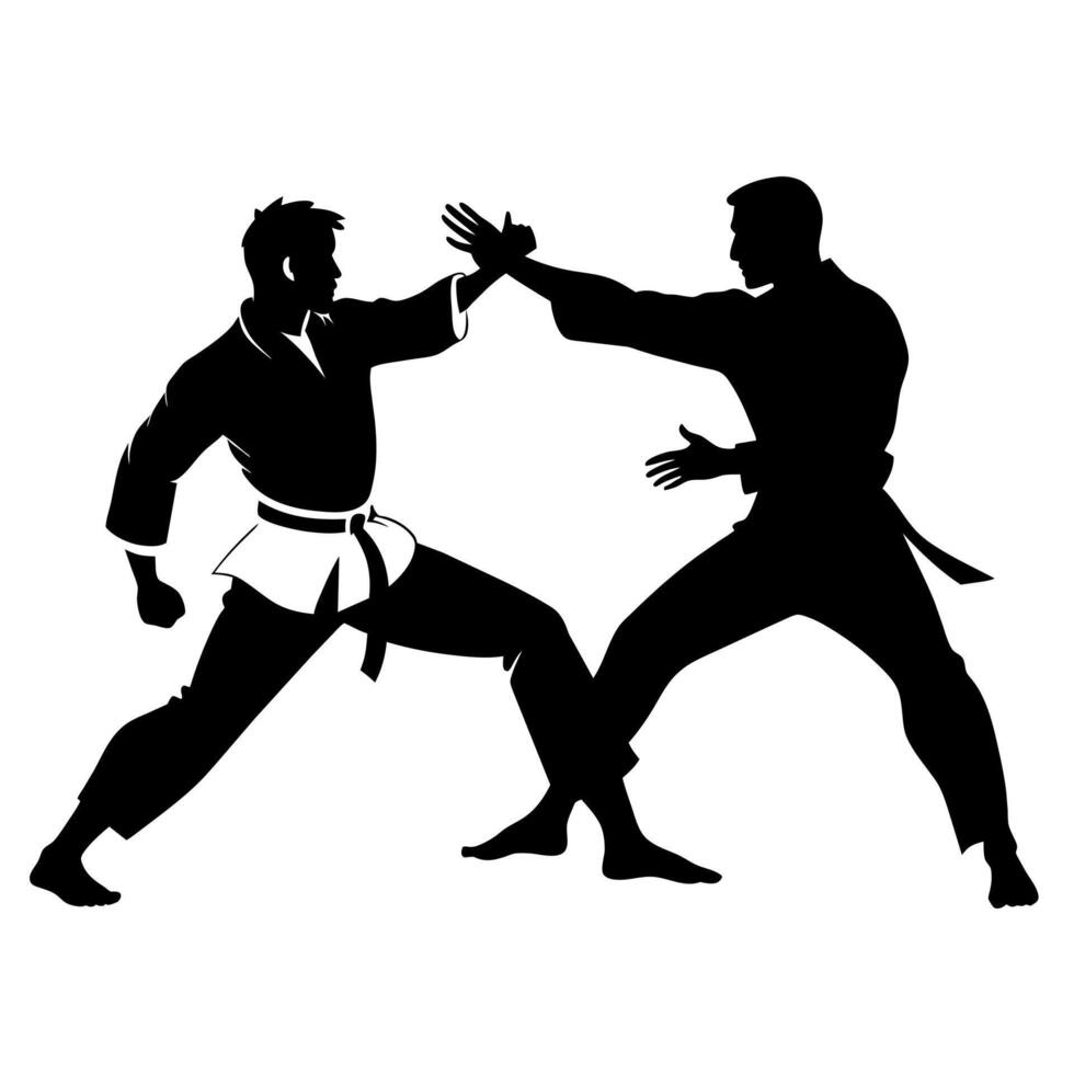 two karate engaged in a fierce battle in shilhouette isolated white background vector