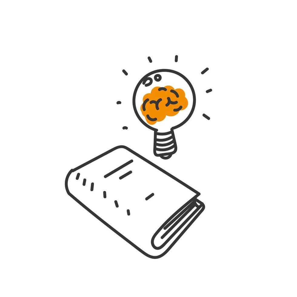 hand drawn doodle book with brain on light bulb vector