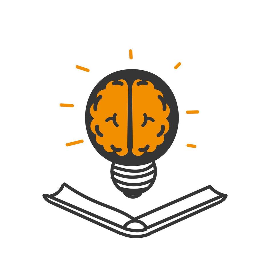 hand drawn doodle book with brain on light bulb vector