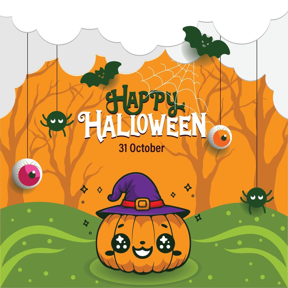 Happy Halloween poster design with pumpkin bat candy vector