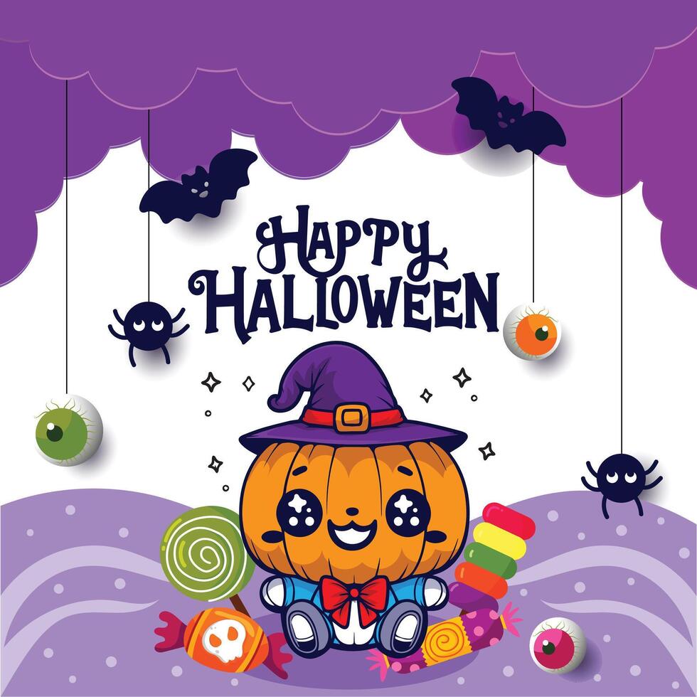 Happy Halloween poster design with pumpkin bat candy vector
