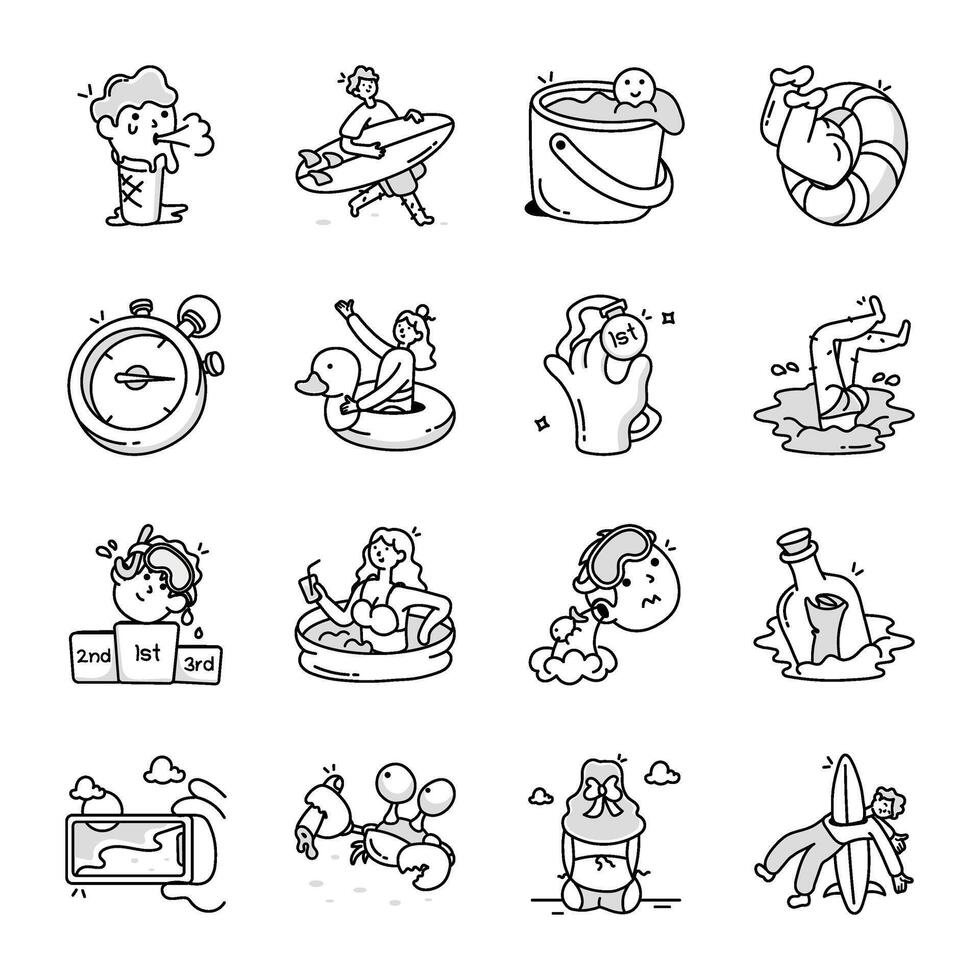 Collection of Cartoon Style Water Fun Doodle Icons Web vector