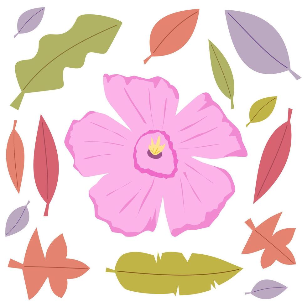Hand drawn of doodle art elements. Exotic jungle leaves and flower perfect for social media post, flyer poster and sticker. vector