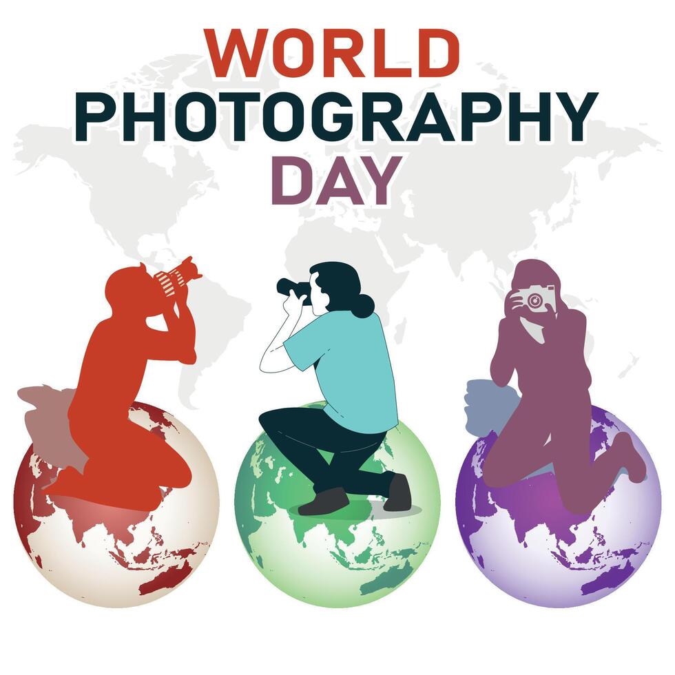 World photography day, man with camera shoting, on world map icon design vector