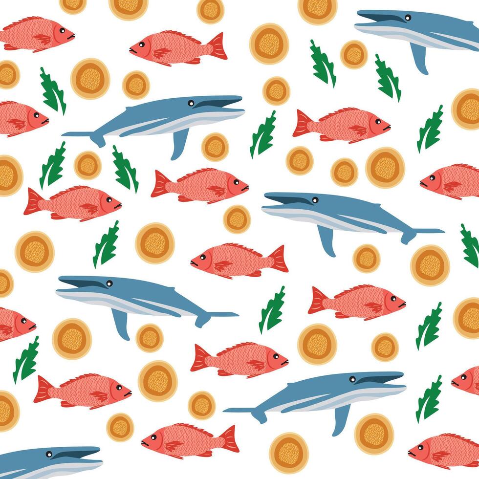 cute fish, whale with leaf as a pattern background vector
