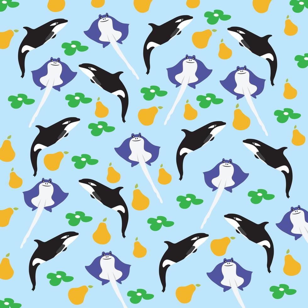 cute orca, stingray with fruit and leaf as a pattern background vector