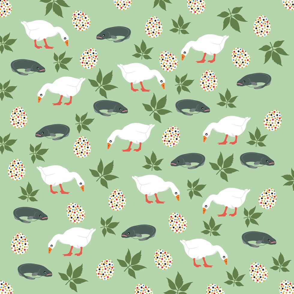 cute duck, catfish with egg and leaf as a pattern background vector