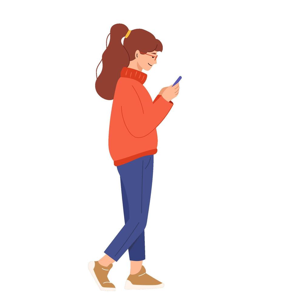 Young woman chatting at mobile phone on go. Person walking with smartphone in hand outdoors. Girl strolling and surfing internet. Cellphone user on street. Flat illustration isolated on white vector