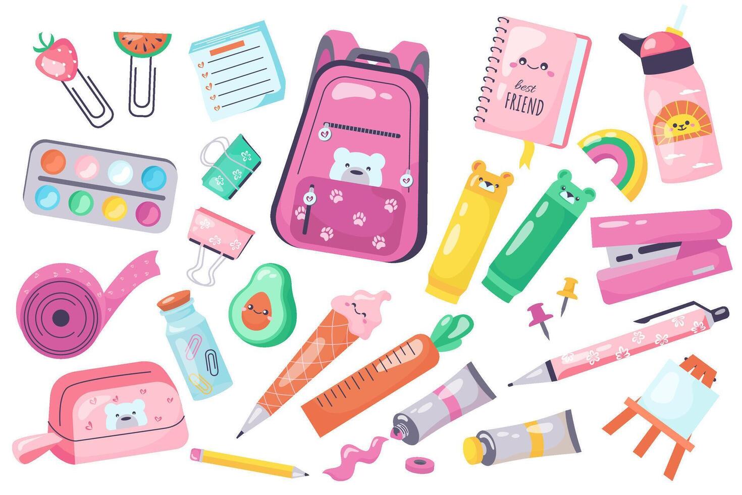 set of school supplies for study, education, school, university in kawaii style. Back to school. Backpack, book, paints, ruler, pen, pencil, notebooks, writing supplies for girls vector