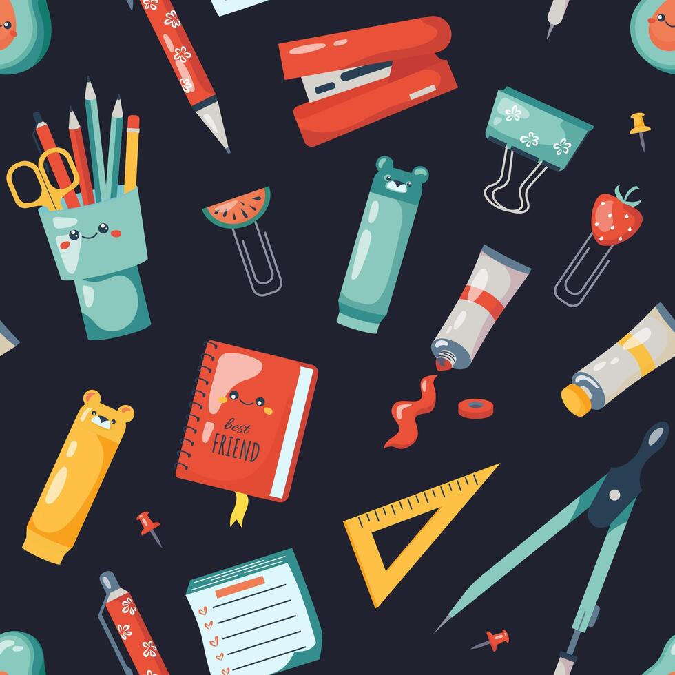 bright seamless pattern with school supplies elements on dark background. Children's design for baby prints, covers, wallpapers, wrapping paper, scrapbooking. vector
