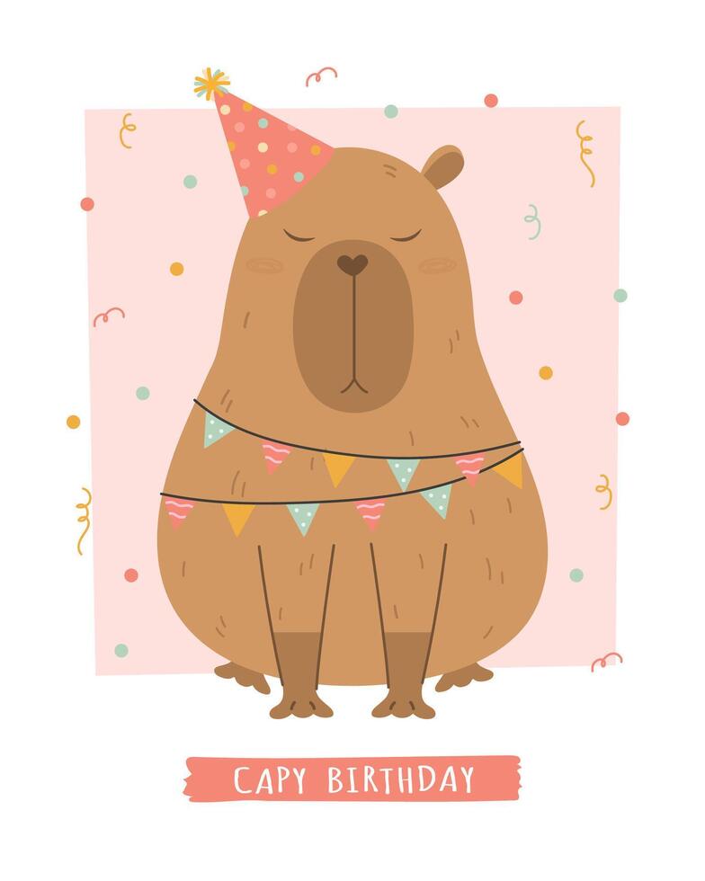 Birthday card with capybara, confetti and garlands vector