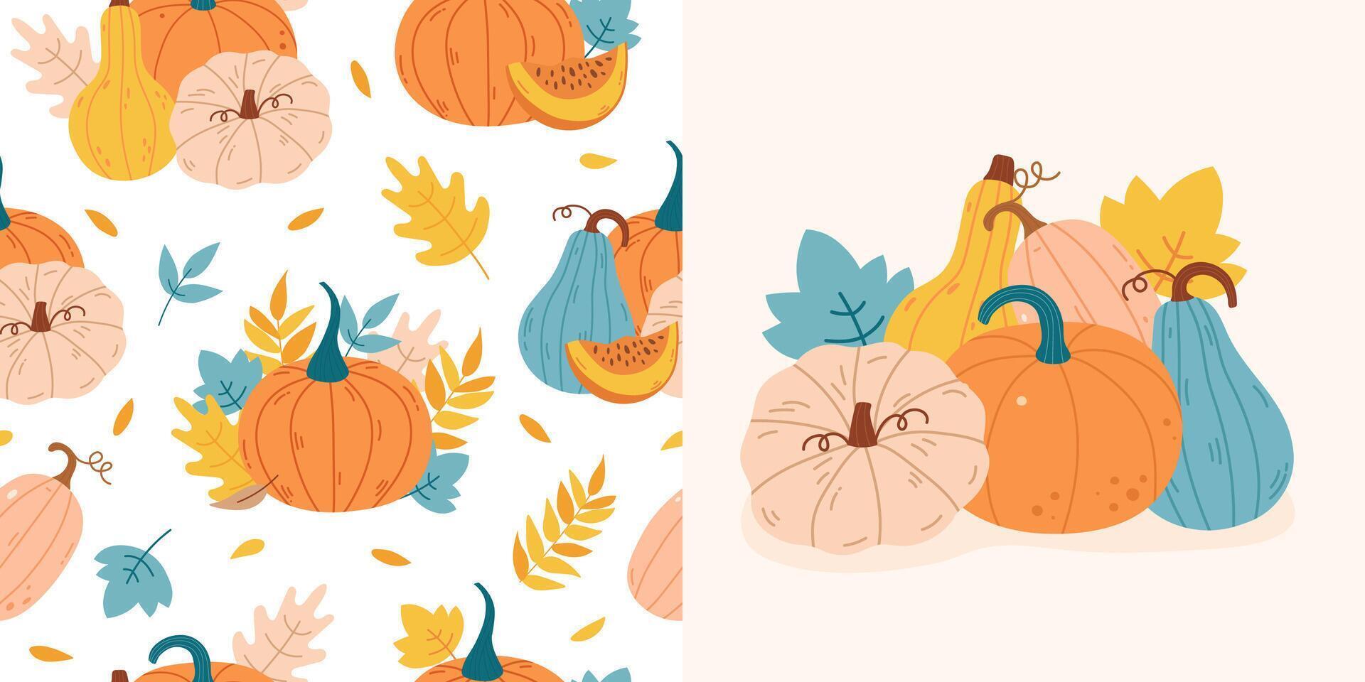 Cute pattern with pumpkins and autumn leaves vector
