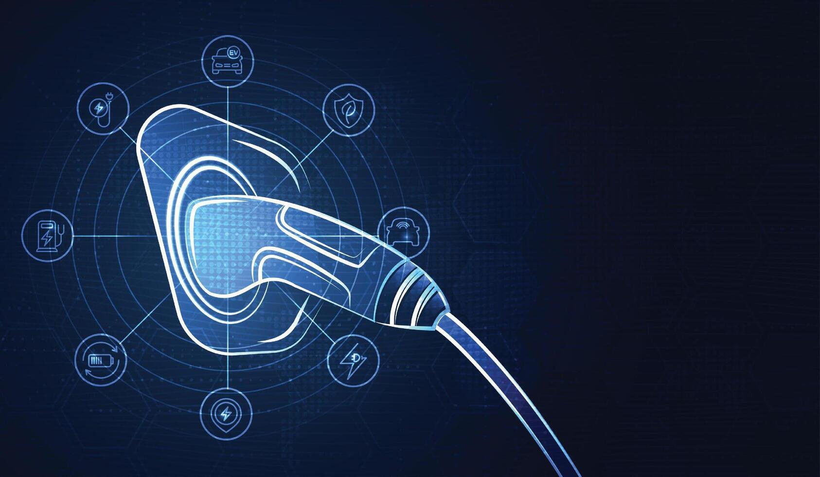 EV. Electric car connect to charging station with icons on blue background. Eco power, EV charger, alternative energy, rechargeable battery, auto industry, future technology. . vector