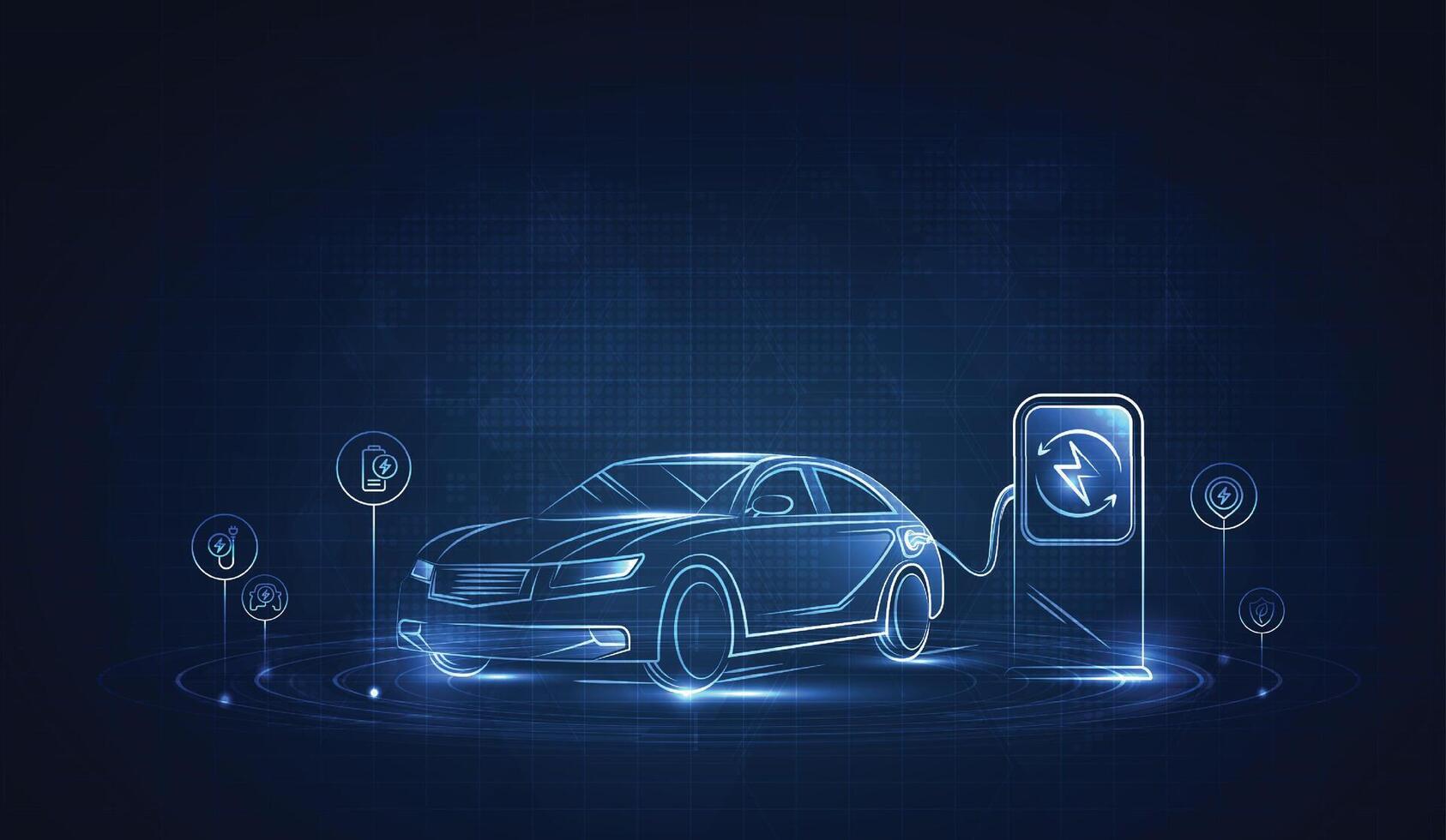 EV. Electric car connect to charging station on blue background. Eco power, EV charger, alternative energy, rechargeable battery, auto industry, future technology. . vector