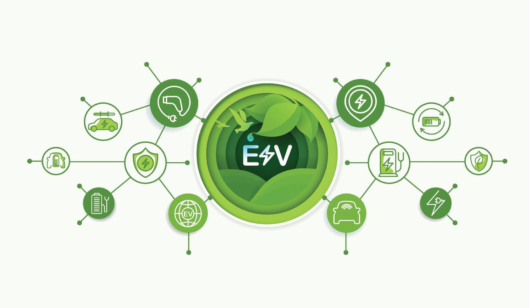 EV. Electric car with icons. save the planet and energy concept. green eco energy and environment conservation. paper art. auto industry, future technology, hybrid concept. . vector