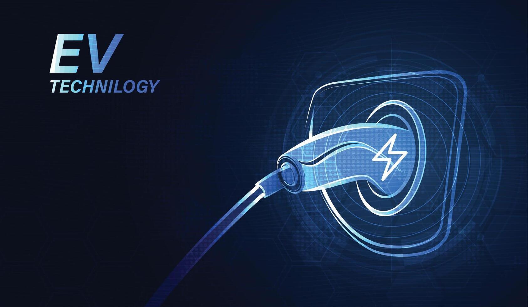EV. Electric car connect to charging station on blue background. Eco power, EV charger, alternative energy, rechargeable battery, auto industry, future technology. . vector